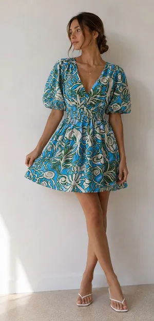 Tropical Floral Puff Sleeve Mini Dress Coastal Resort Cotton Blue Green Small thumbnail 1