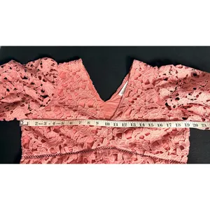 Endless Rose Womens L Coral Floral Lace Peplum Blouse V Neck Puff Sleeve Lined thumbnail 9