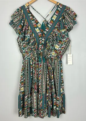 Boemo Ruffle Hem Mini Aztec Geometric Print Dress Flutter Sleeve Size Large NWT thumbnail 1