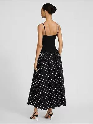 Express Polka Dot Mixed Media V-Neck Drop Waist Midi Dress like new thumbnail 3