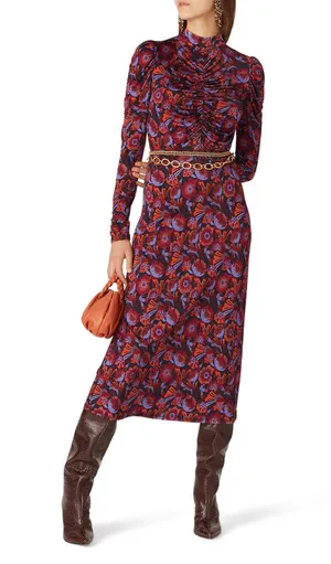 RTR Tanya Taylor Zoe Red Floral Ruched Mock Neck Long Sleeve Maxi Dress Sz Small thumbnail 1