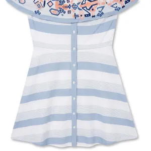 Sugarlips Embroidered Off Shoulder Striped Midi Dress Blue White D4843 Womens M thumbnail 12