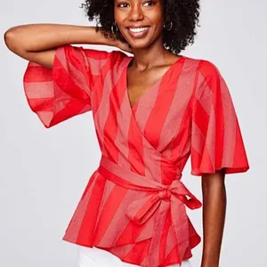 LOFT PLUS Wrap Top‎ Women 24 Red Striped Short Sleeve V-Neck Casual Peplum thumbnail 1
