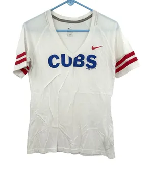 Nike Size Medium Shirt White Chicago Cubs Short Sleeve V Neck Baseball‎ Tee MLB thumbnail 1