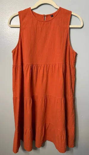 Tiered Babydoll Mini Dress Burnt OrangeSleeveless 100% Cotton Size M thumbnail 1
