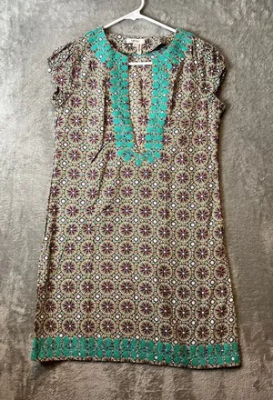 Tyler Boe Geometrical Patterned Embroidered Tunic Sz 4 100% Cotton Coastal Beach thumbnail 1