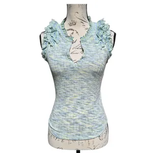 By Anthropologie -641 Crochet Ruffle Tank Top Sleeveless Knit‎ Blue Size Small thumbnail 2