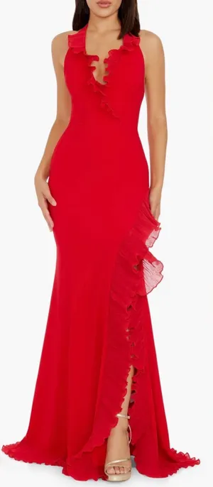 NEW Dress The Population Kathleen Ruffle Halter Gown with Train Rogue Red Sz S thumbnail 1