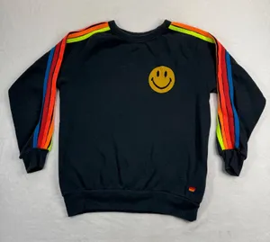 Aviator Nation Womens Smiley Face‎ Rainbow Stripe Raglan Sweatshirt Gray Medium thumbnail 1