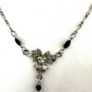 silver tone and black floral rhinestone pendant necklace thumbnail 12