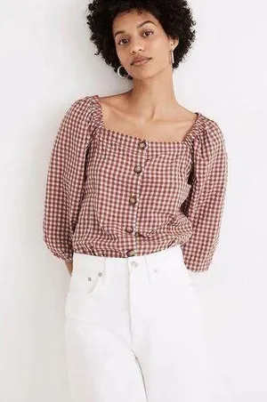 Madewell Gingham Seersucker Puff-Sleeve Button-Front Top Size 4 thumbnail 1