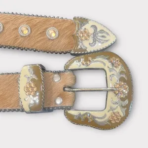 Western Style Tan Cow Hide and Silver Leather Belt with Decorative Buckle thumbnail 3