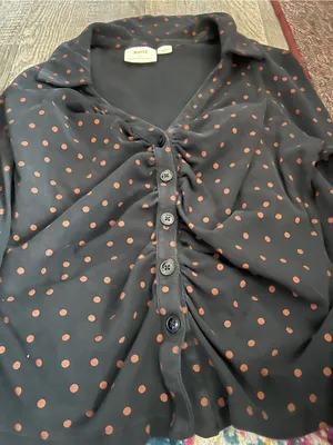 Maeve Anthropologie Ruched Button Front Top XL Black Tan Polka Dot Stretch thumbnail 8