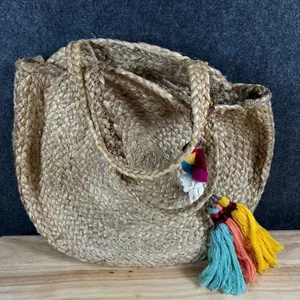 Zara Accessories Jute Woven Round Tote Bag Tassel Shell Charm Tan Boho Beach thumbnail 3