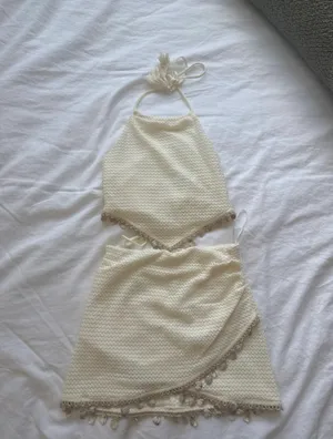 FashioNova Seashell Shore Crochet Halter Top Mini Skirt Set - Cream thumbnail 3
