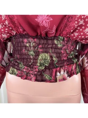 Passport Floral Smocked Elastic Waist Peasant Top Blouse Size L Burgundy thumbnail 4