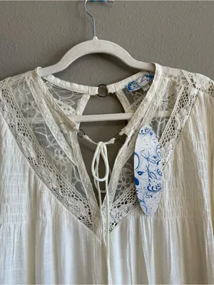 J.Gee Boho Crochet Lace Tiered Mini Dress Cream Bell Sleeve XL New thumbnail 10