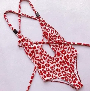 Sexy Red Leopard Print One Piece Swimsuit Size M thumbnail 2