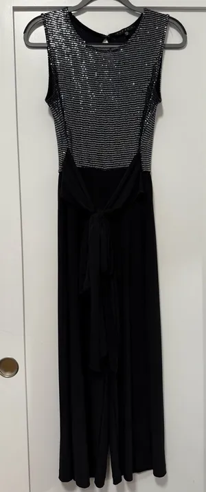 Black Sequin Bodice Evening Capri Jumpsuit with Waist Tie thumbnail 1