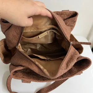 MultiSac brown tan floral Embossed Shoulder Bag buckle slouchy pockets purse thumbnail 7