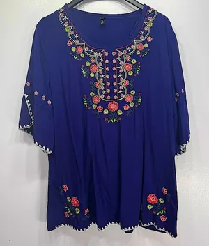 Ashir Aley Blue Embroidered Floral Boho Flowy Short Sleeve Top Size Large thumbnail 1