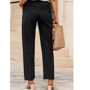 NWT ~ Women's Black Cotton Casual Straight Leg Drawstring High Waist Pants ~ M thumbnail 4