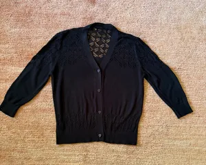 Black Lace Openwork Knit Cardigan 3/4 Sleeve Button Front Fitted Sweater thumbnail 1