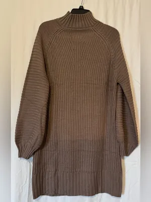 Lillusory Mock Neck Ribbed Knit Lantern Sleeve Sweater Dress - Brown - Size M thumbnail 2
