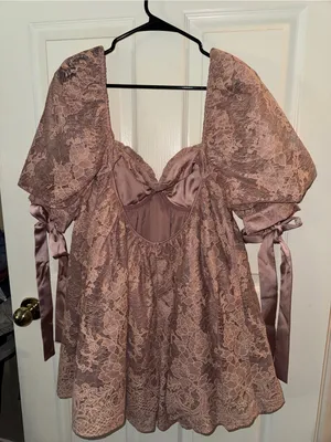 For Love & Lemons Size L Mauve Lace Puff Sleeve Mini Dress Satin Bow Ties thumbnail 10