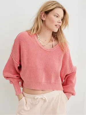 Aerie Beyond Cropped Sweater in Haute Coral thumbnail 1