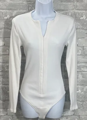Abercrombie & Fitch White Long Sleeve Ribbed Front Zip Bodysuit thumbnail 1