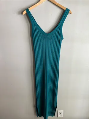 Olive + Oak Ribbed Sweater Knit Midi Dress Teal Side Slit Stretch L thumbnail 6