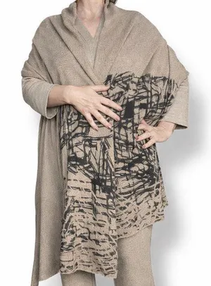 Neutral Taupe Beige Abstract Art Knit Shawl Wrap Poncho Scarf Lightweight‎ Layer thumbnail 1