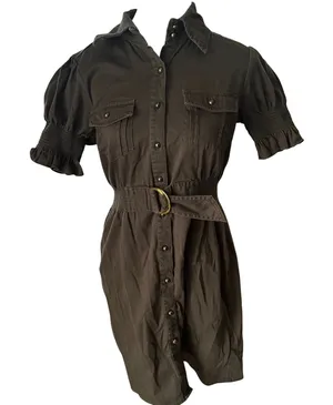 Rampage Women Olive Brown Utility Button Front Mini Dress Belted Puff‎ Sleeve L thumbnail 1