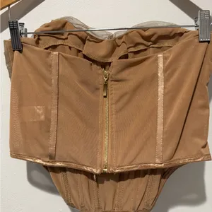 Sheer Brown Ruched Mesh Strapless Top Size L thumbnail 4