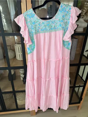 J. Marie embroidered midi dress floral oaxacan tiered ruffle linen pockets loose thumbnail 2