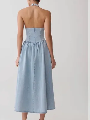 NWT MESHKI miller Light Blue Halter Midi Dress denim wash size XL thumbnail 3