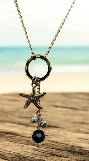 Artisan Golden Sea Star Black And Dalmatian Beaded Necklace 19.5” thumbnail 1