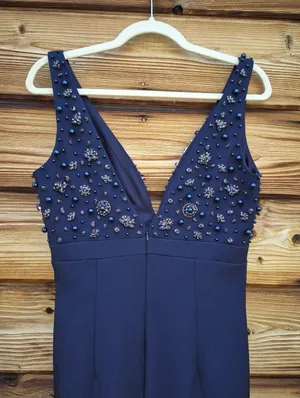 NWOT Mac Duggal 2278 Navy Sleeveless Embellished Crepe Gown With Bow Size 4 thumbnail 12