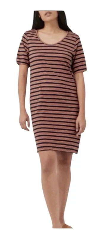 Pact Avery T-Shirt Dress Orange Harvest Navy Blue Stripe Organic Cotton thumbnail 1