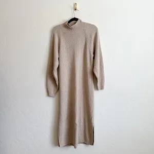 & Other Stories | Mock Neck Ribbed Knit Wool Blend Midi Dress in Oatmeal Tan‎ thumbnail 3
