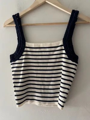 Aerie Striped Ribbed Knit Tank Top Crochet Straps thumbnail 1