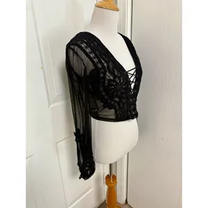 Akira Black Lace Up Sheer Bell Sleeve Gothic Boho Crop Top L5 thumbnail 2
