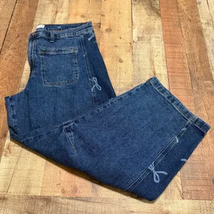 Frayed Dark Wash Bow Print Side High Rise Barrel Leg Jeans Sz 32 Boho Festival thumbnail 1