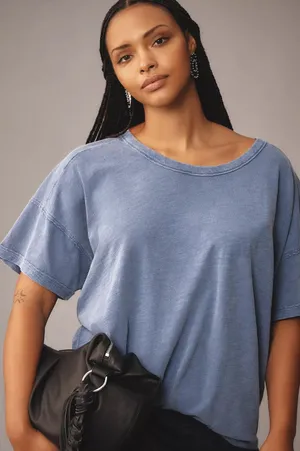 Pilcro Anthropologie Jordyn Oversized Cotton Slub Tee Faded Blue/Indigo Wash M thumbnail 1