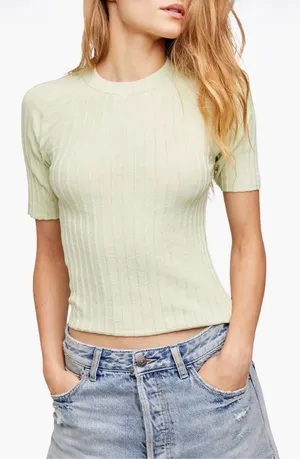 Free People Crewneck Ribbed Sweater Top Sugared Mint Green Large thumbnail 1