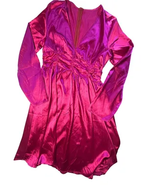 Magenta Pink Satin‎ Long Sleeve Ruched V-Neck Mini Dress S/M thumbnail 1