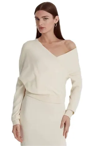 NWT Lauren Ralph Lauren Surplice Asymmetric‎ Winter Cream Cotton Sweater thumbnail 1