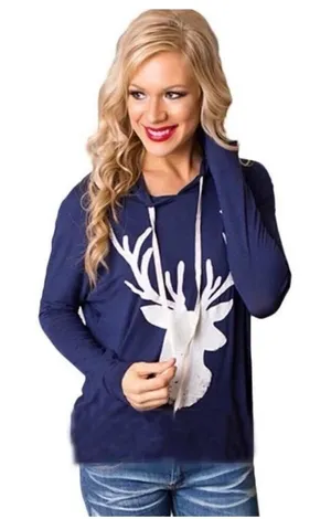 New Womens Boutique Holiday Reindeer Deer Lightweight Hoodie Top Shirt - Sz M thumbnail 1