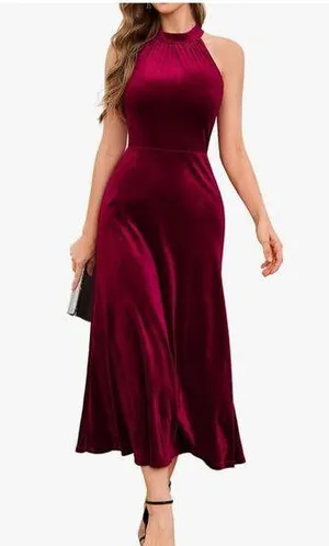 NEW Wine Red Halter Velvet Maxi Cocktail Formal Prom Bridesmaid Dress 2X thumbnail 1
